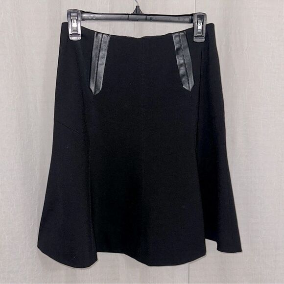 WHBM 4 Black Ponte Knit Detailed Stitching & Leather Front A-Line Trumpet Skirt - Picture 2 of 11